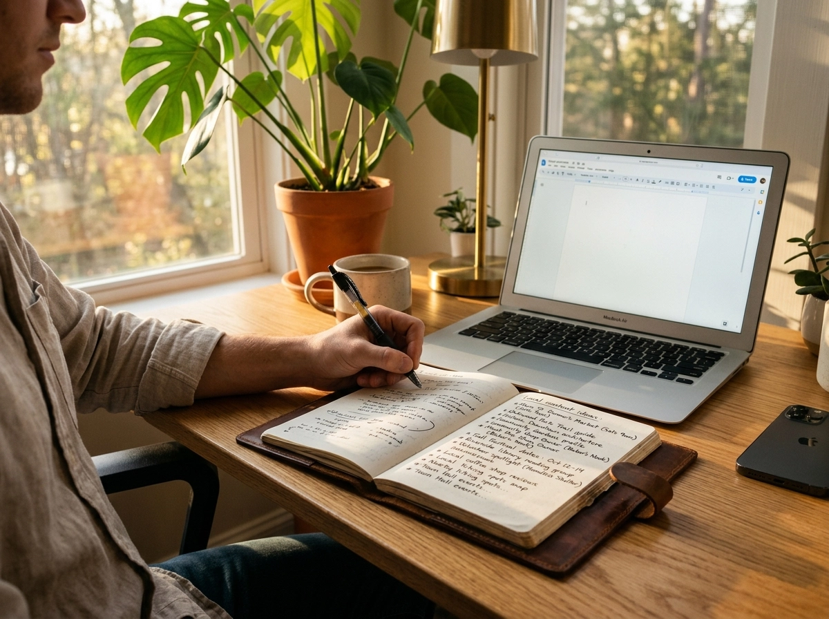 Person using an AI seo content generator to plan local seo content in a notebook.