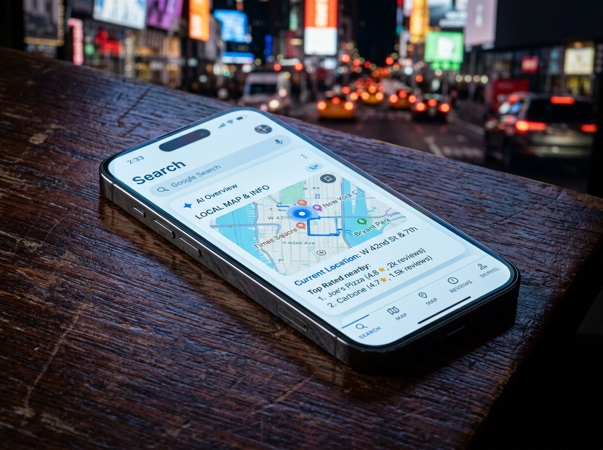 Smartphone showing local seo tools and search results on a city street at night.