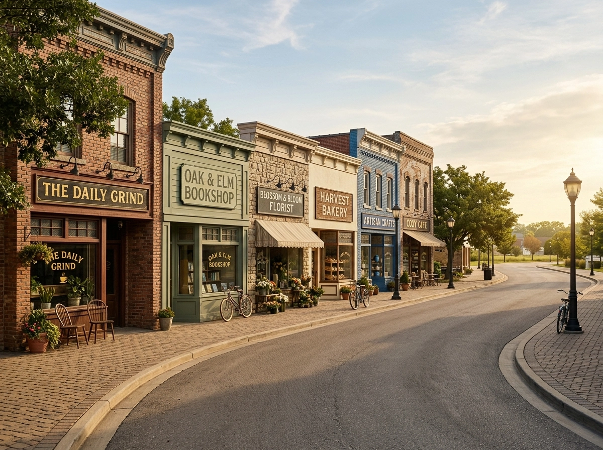 Charming small town street with local shops, perfect for local SEO tools and content strategy.