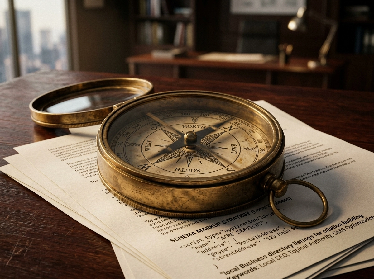 A vintage compass on SEO strategy documents, representing an AI SEO content generator.