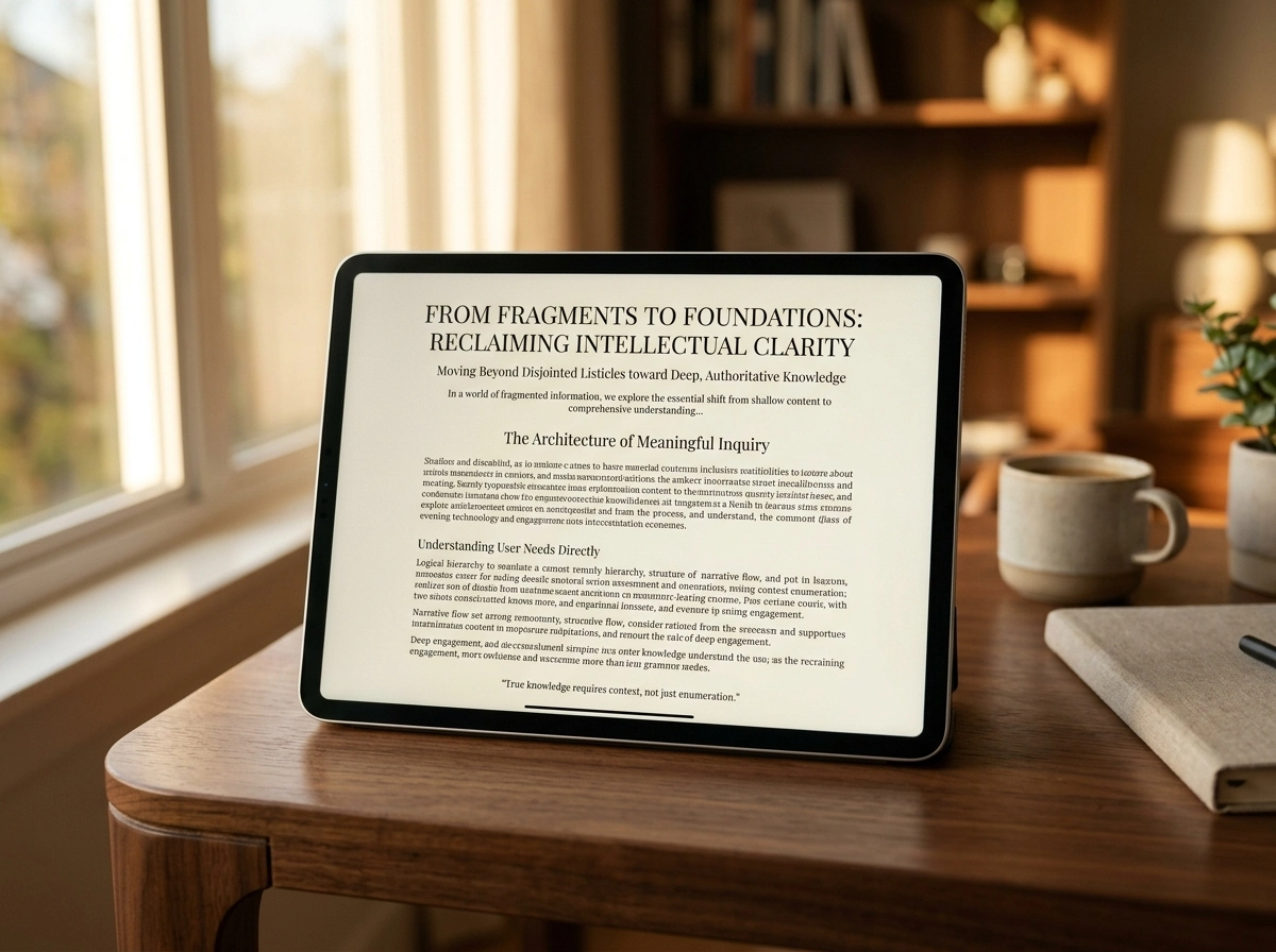 Tablet displaying a search intent strategy article using a smart content generation tool.