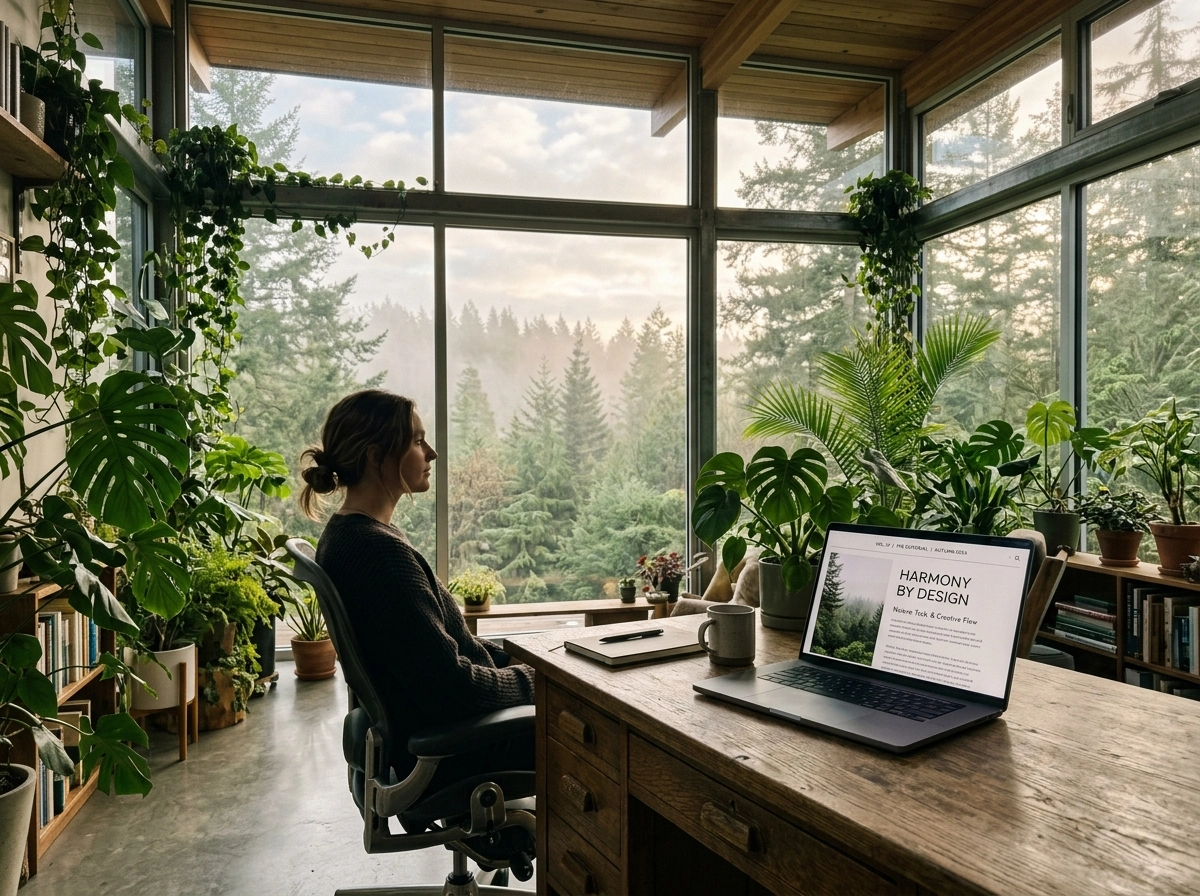 Writer using an ai seo blog writer in a sunlit office with plants.