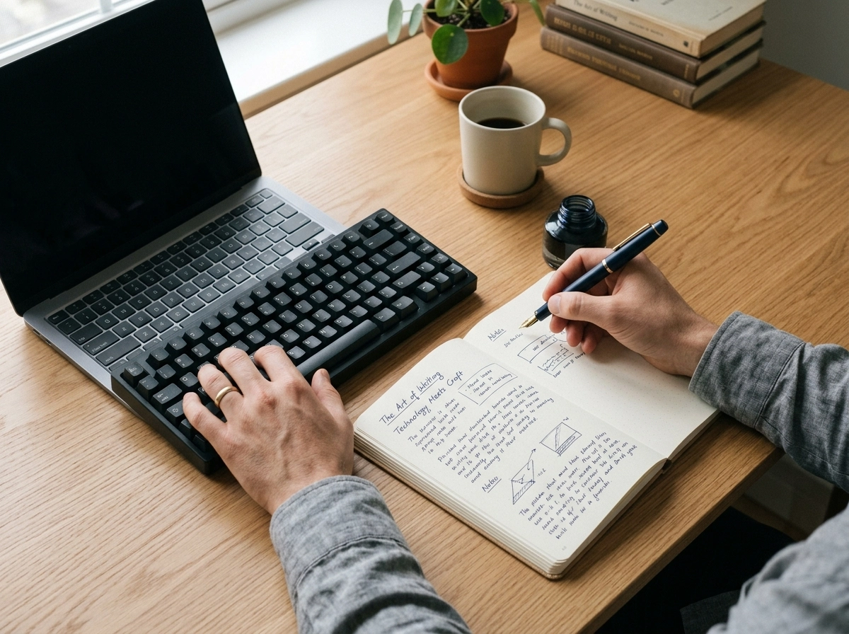 Person using an automated content creation tool while writing notes to ensure seo friendly content.