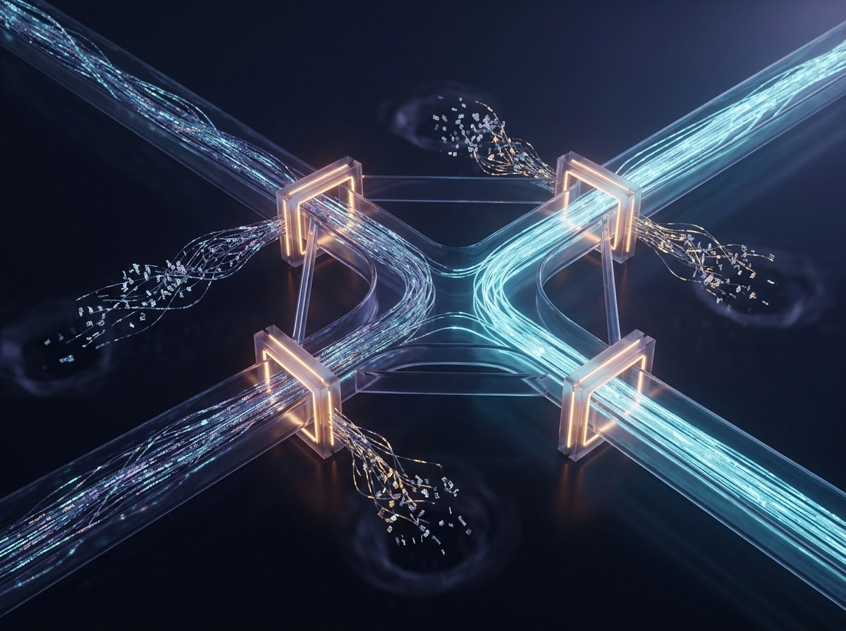 Glowing fiber optic cables representing data flow in an automated content creation tool.
