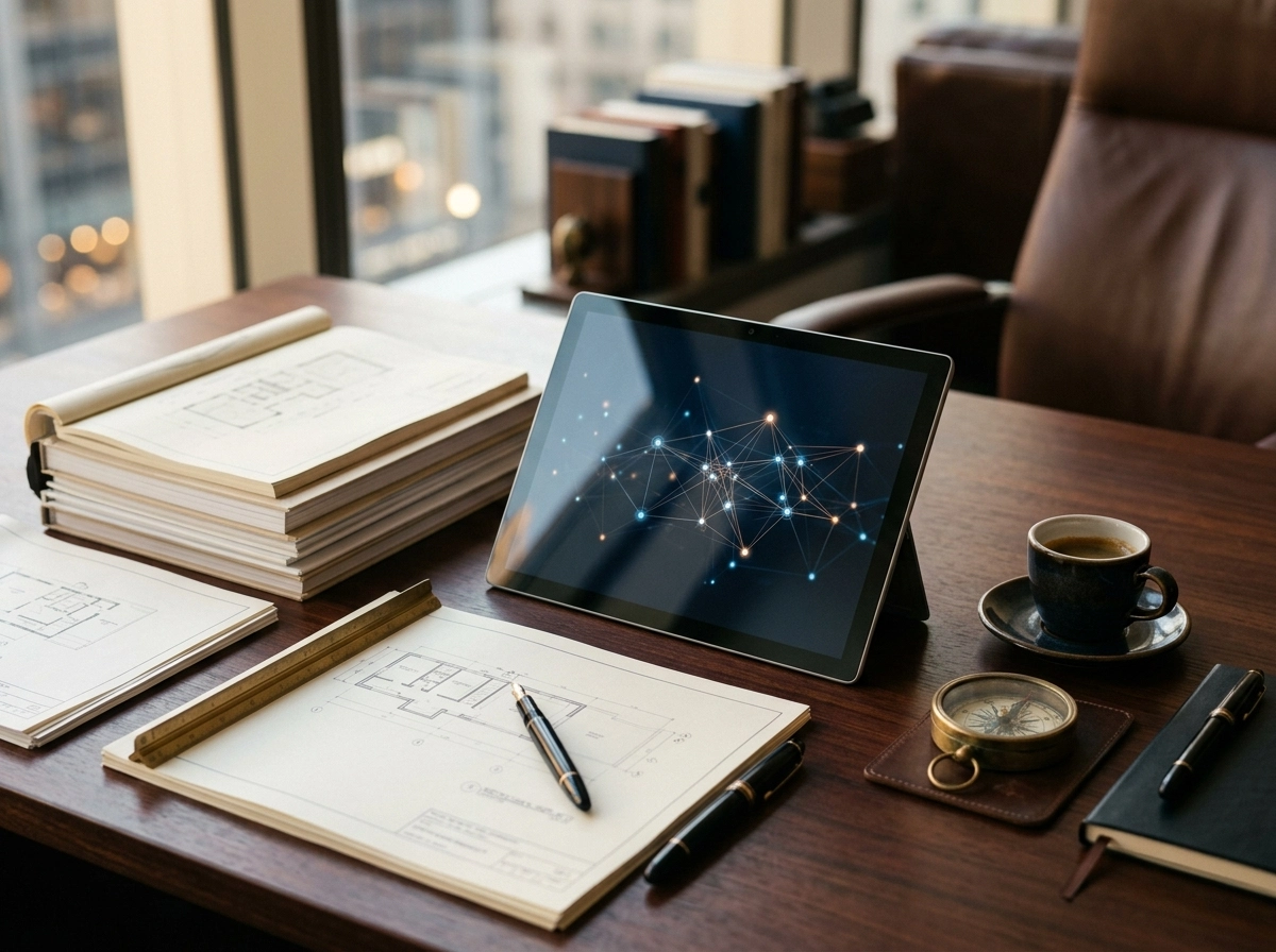 Tablet displaying a network graph on a desk, symbolizing an SEO AI writer at work.