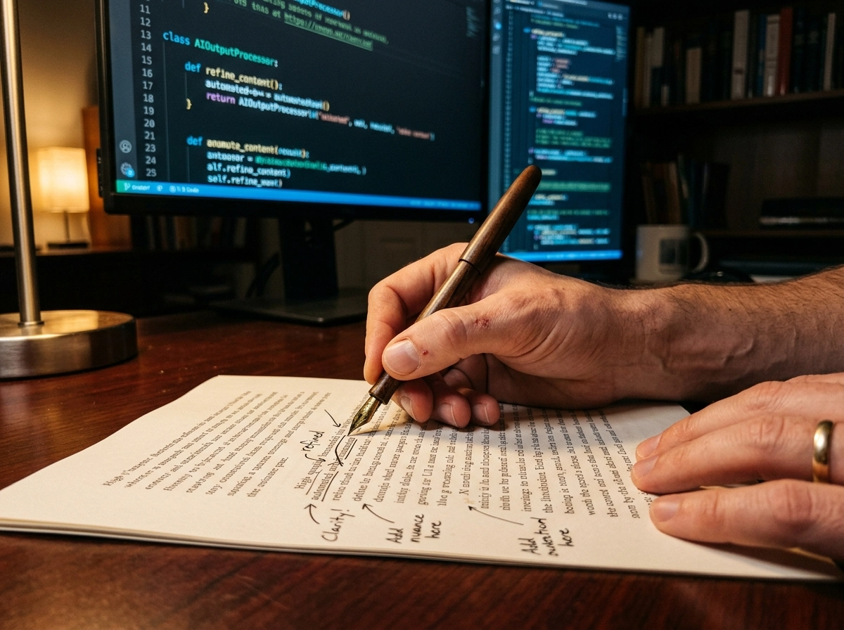 A person editing text, showing how to refine output from an automatic content generator for quality.