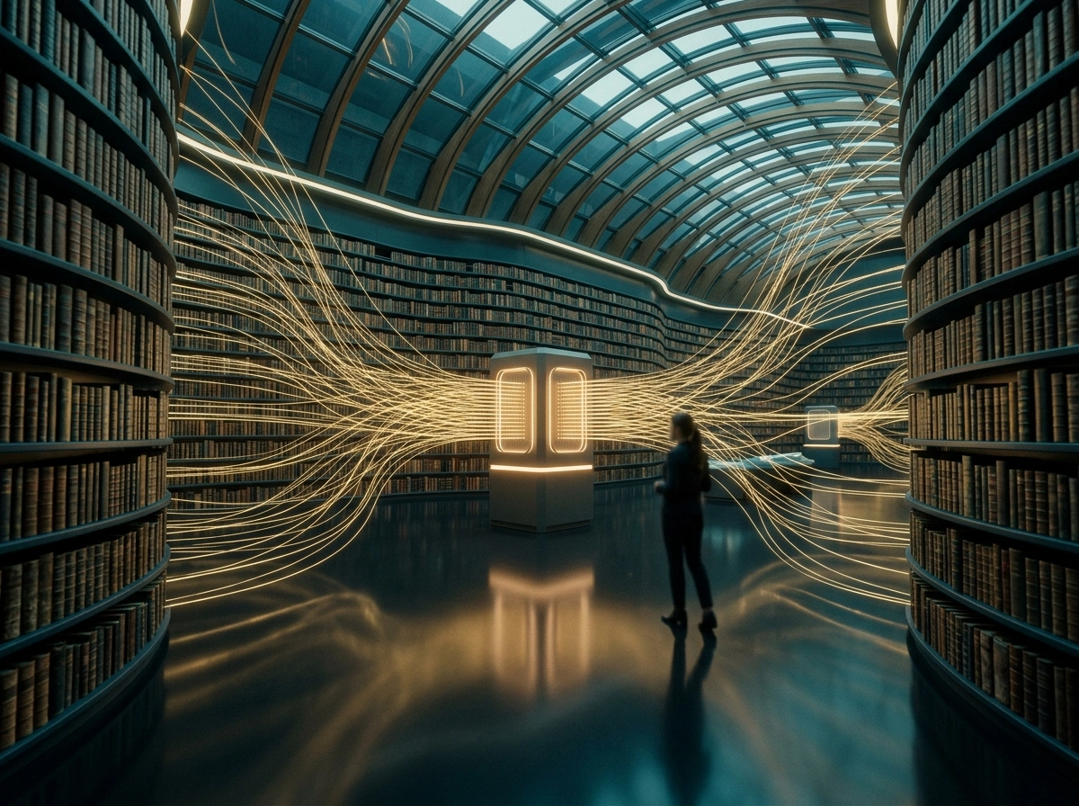 A person exploring a library, representing advanced AI content saas for niche authority.