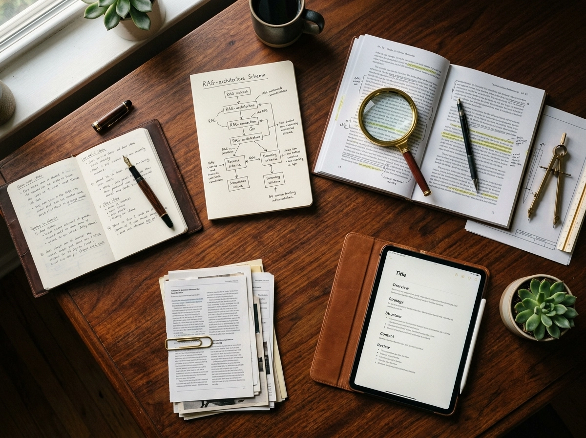 Desk with notebooks and tablet using smart content generator tools for niche authority building.