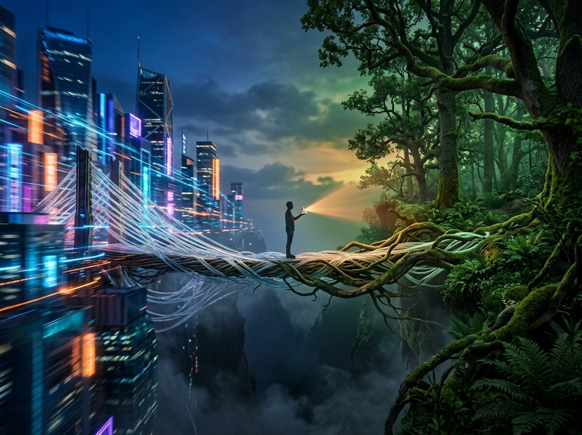 A person bridging nature and tech, representing an AI powered blog generator for niche authority.