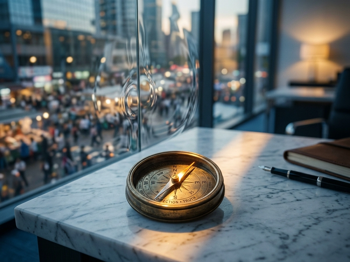 A compass on a desk, representing niche authority for the best AI writing software.