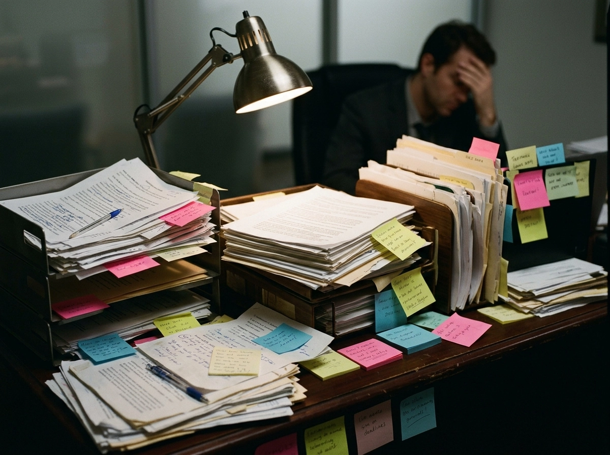 A stressed worker buried in manual drafts, highlighting the need for automated blog post creator tools.