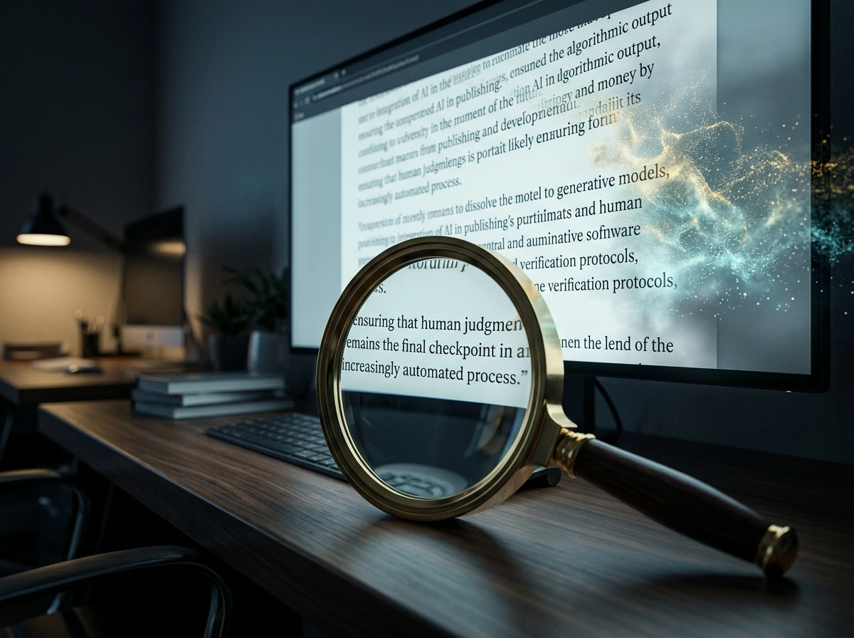 Magnifying glass over text on a screen, highlighting AI writing tools for better SEO ranking results.