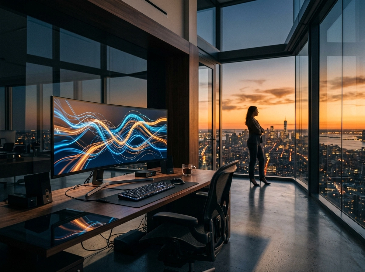 A professional using an AI seo content generator in a modern office to boost organic traffic growth.