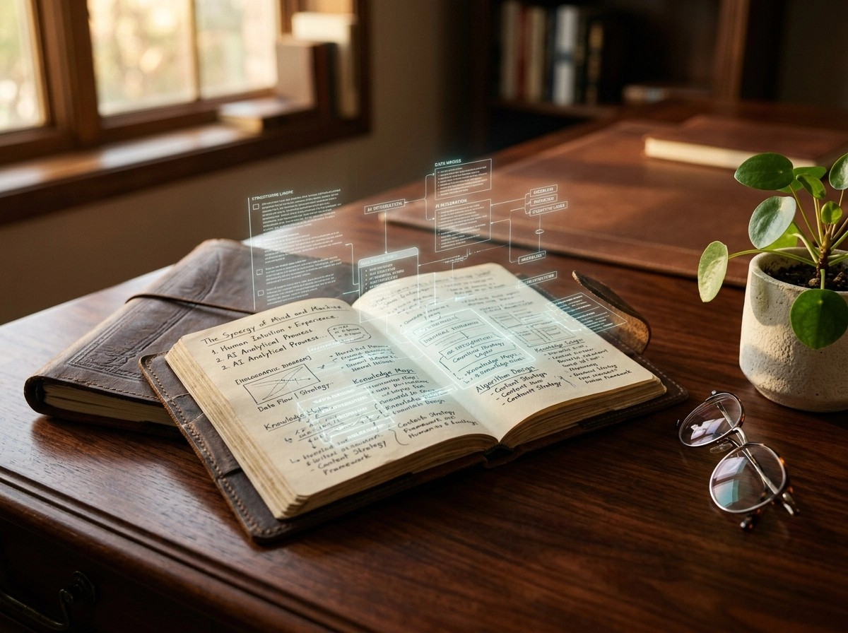 Handwritten notes on a desk with digital overlays, showcasing advanced AI writing tools for strategy.