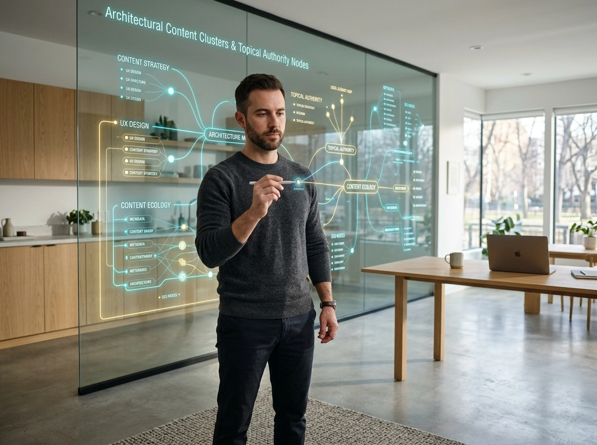 Man using AI SEO content software to map out content strategy and improve organic traffic growth.