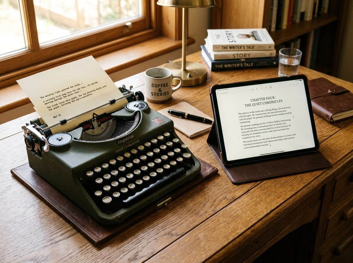 Vintage typewriter and tablet side-by-side representing automated blog maintenance and content.