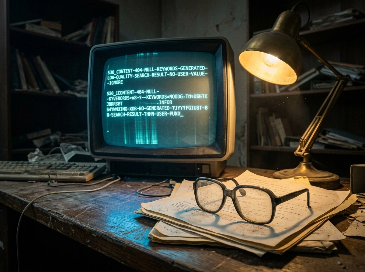 Old monitor displaying automated content risks and potential Google search penalties for websites.