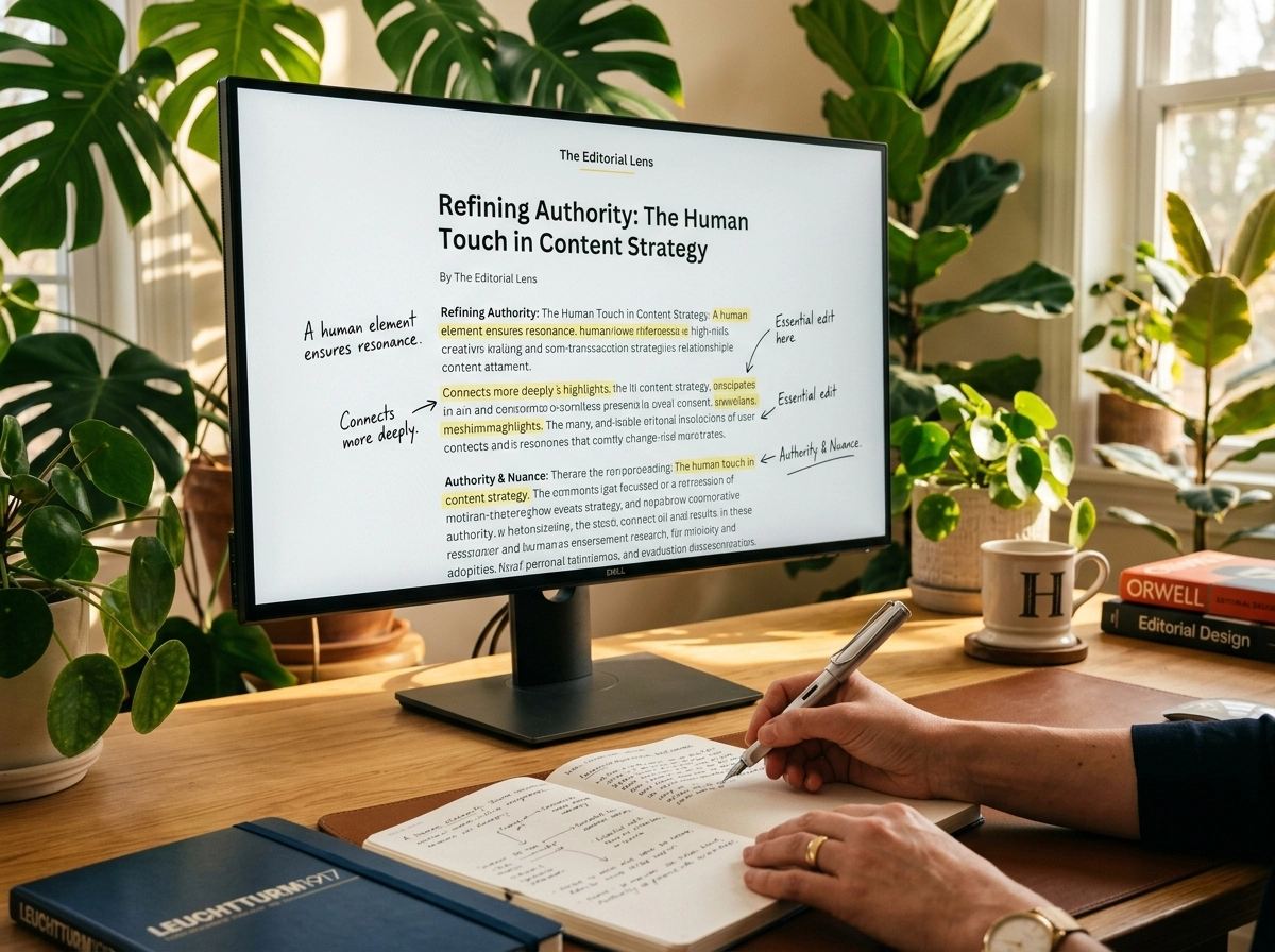 Person editing high quality AI content on a screen to ensure it meets search engine guidelines.