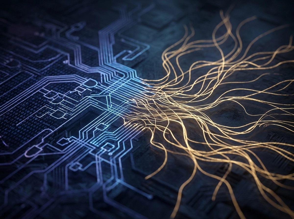 Digital circuit board representing AI content generator technology and automated content risks.