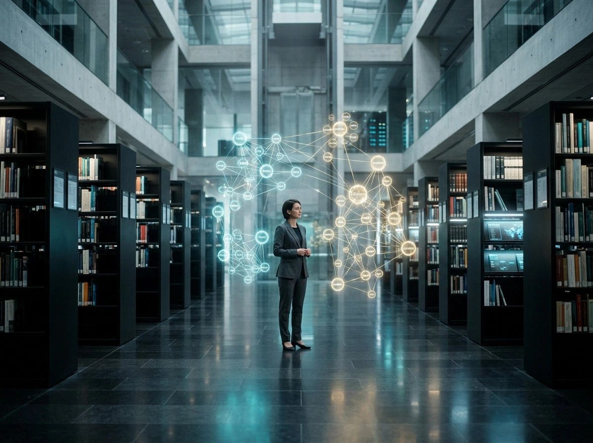 Woman in a library with an AI content generator network visualization.
