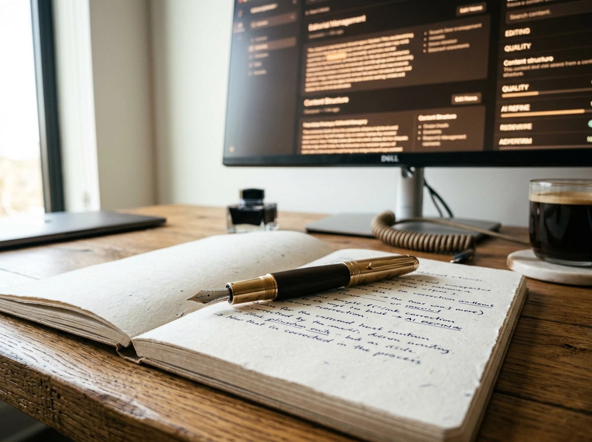 Fountain pen on a notebook for manual blog post editing and quality control.