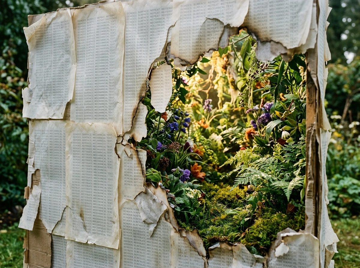 Burnt paper frame revealing lush plants, symbolizing content quality control in AI writing workflows.
