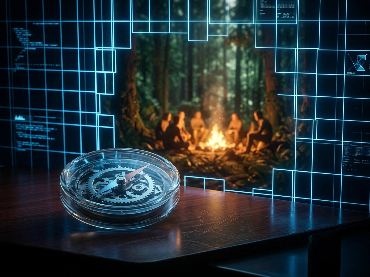 A compass on a desk before a digital forest, guiding your AI seo blog writer strategy.