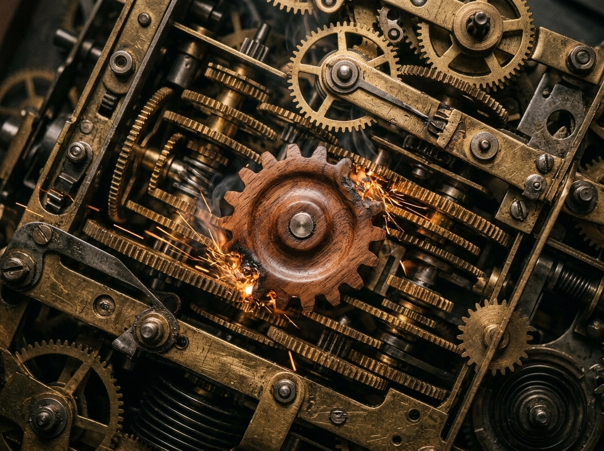 Close-up of brass clockwork gears sparking, symbolizing an AI writing workflow and content quality control.