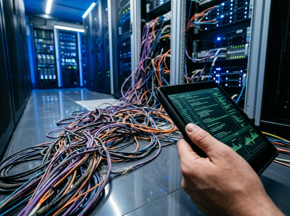 Technician using a tablet for seo content auditing in a server room, representing automated content creation.