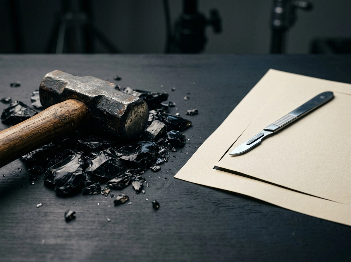 Hammer and scalpel on a desk, representing precise content quality control for an AI seo blog writer.