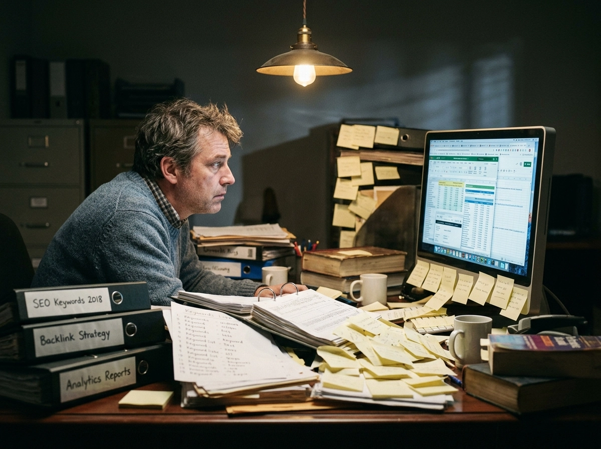A person struggling with manual niche research tools before switching to AI writing tools.