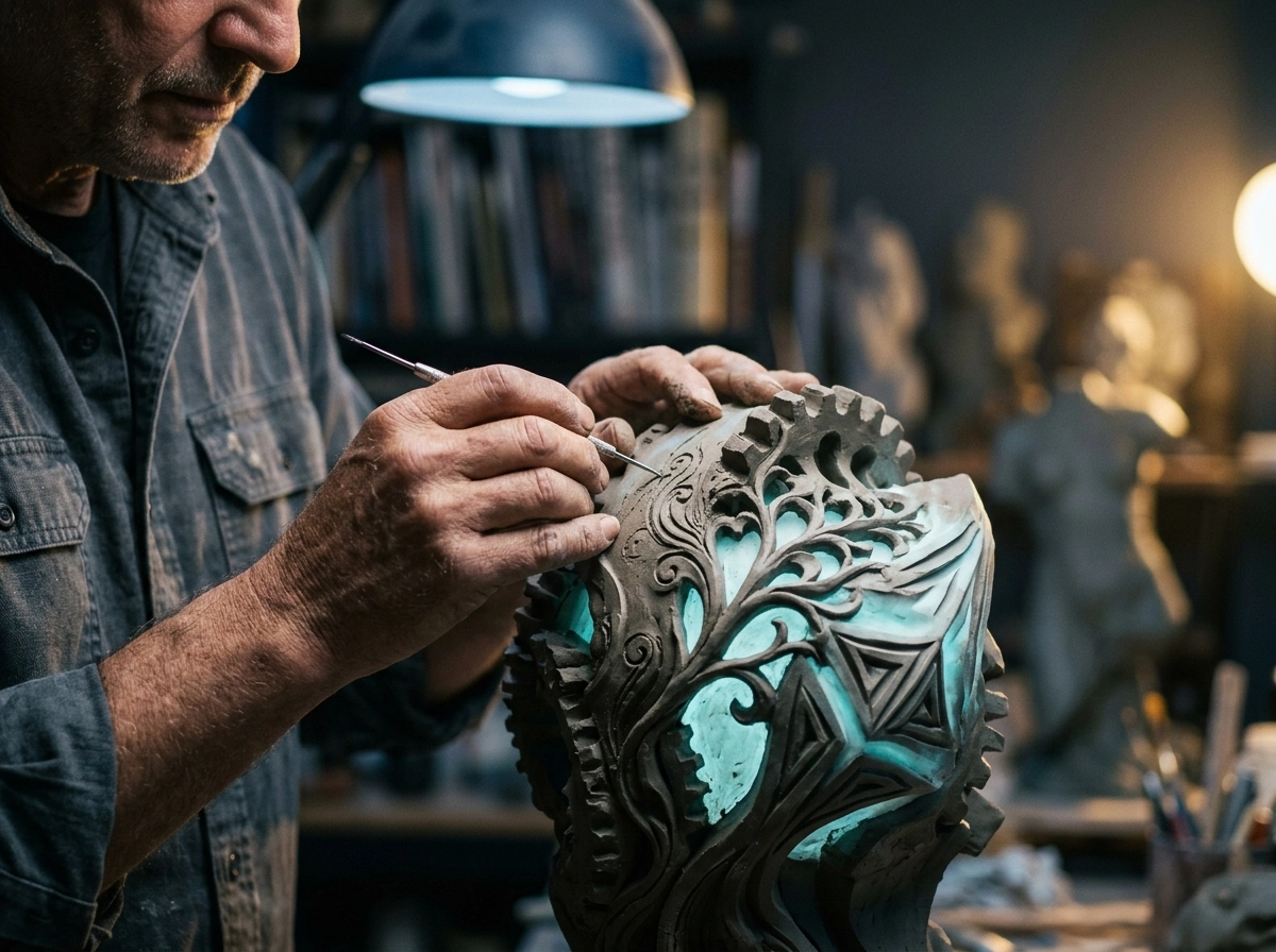 Artist carving a sculpture, representing the craft behind an ai seo article writer.