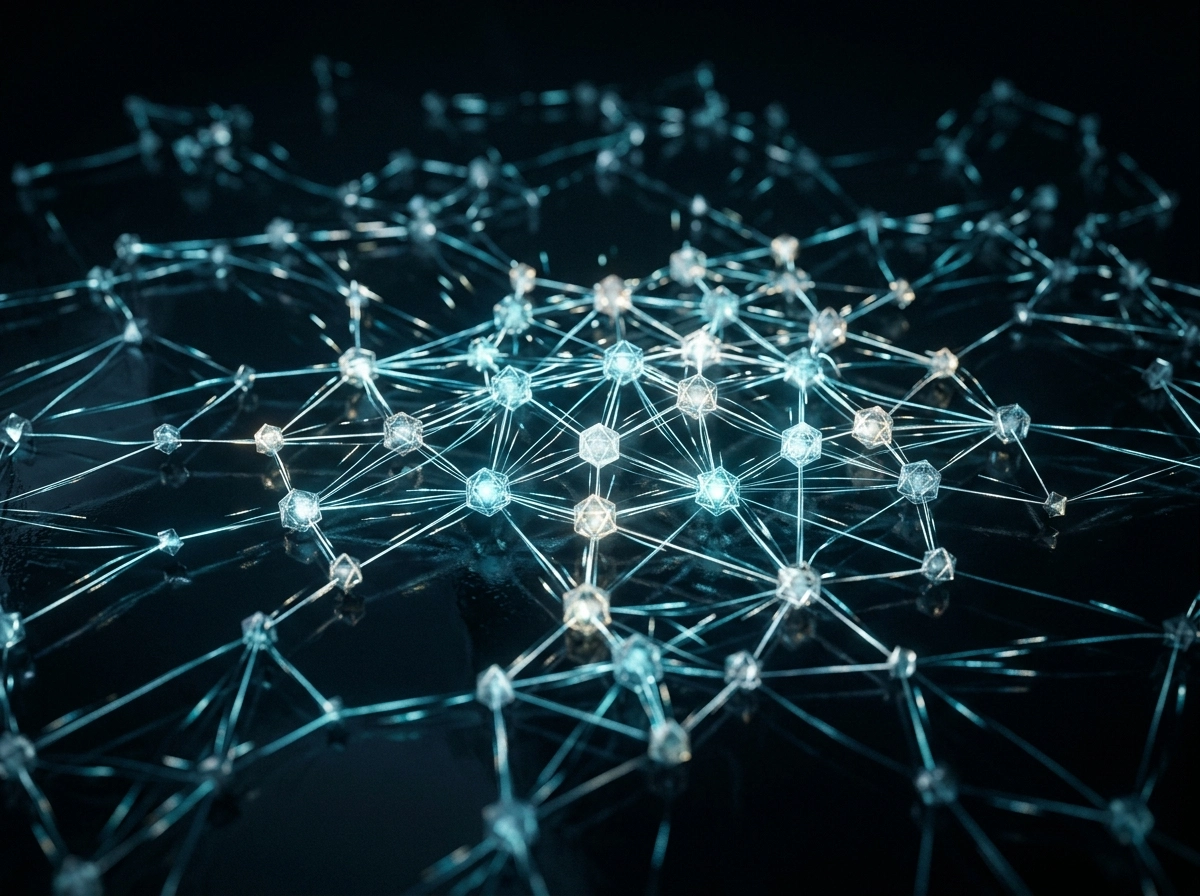 Glowing digital network nodes representing content automation and ai writing tools.