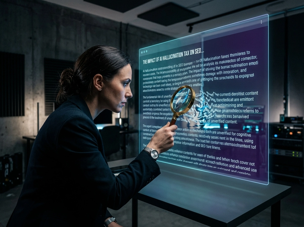 Analyst using a magnifying glass to review AI seo article writer content for accuracy.