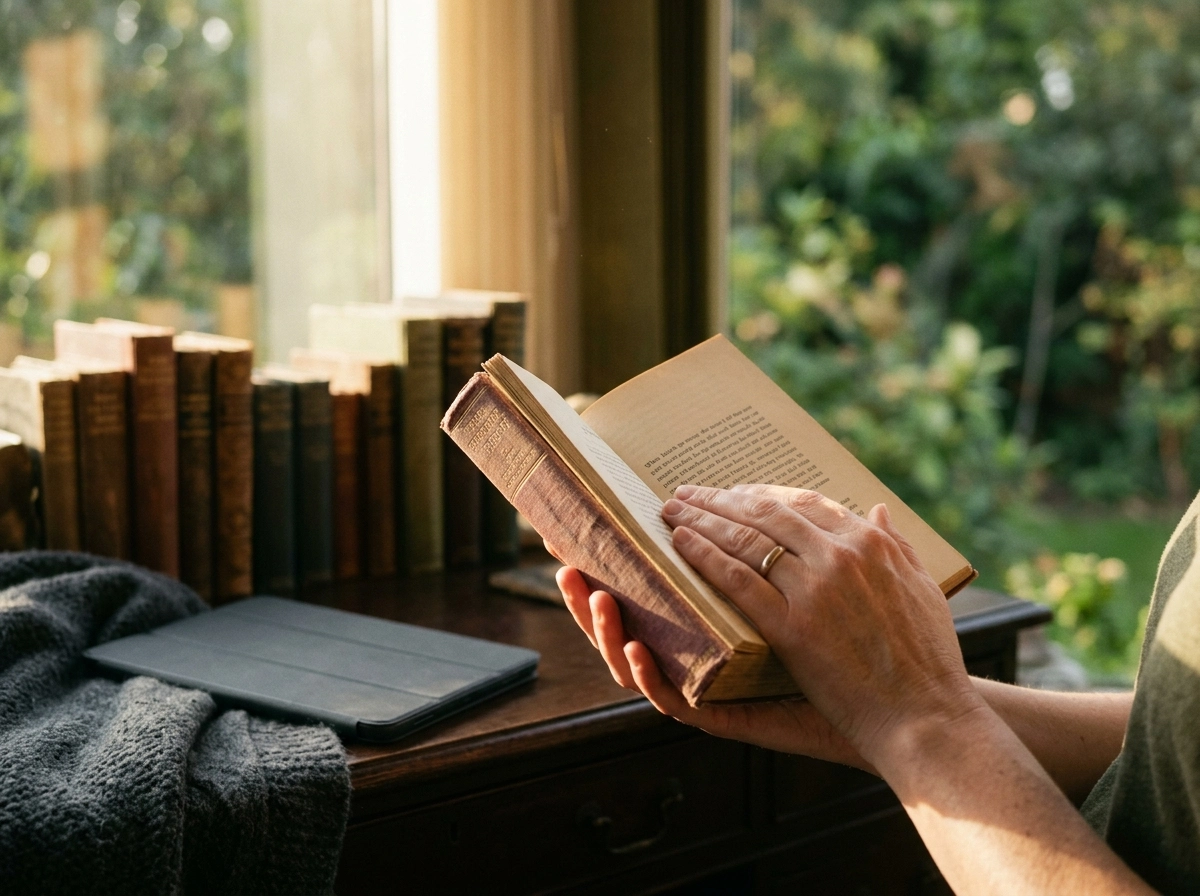 Person reading a book, contrasting traditional research with automated blog post creator tools.