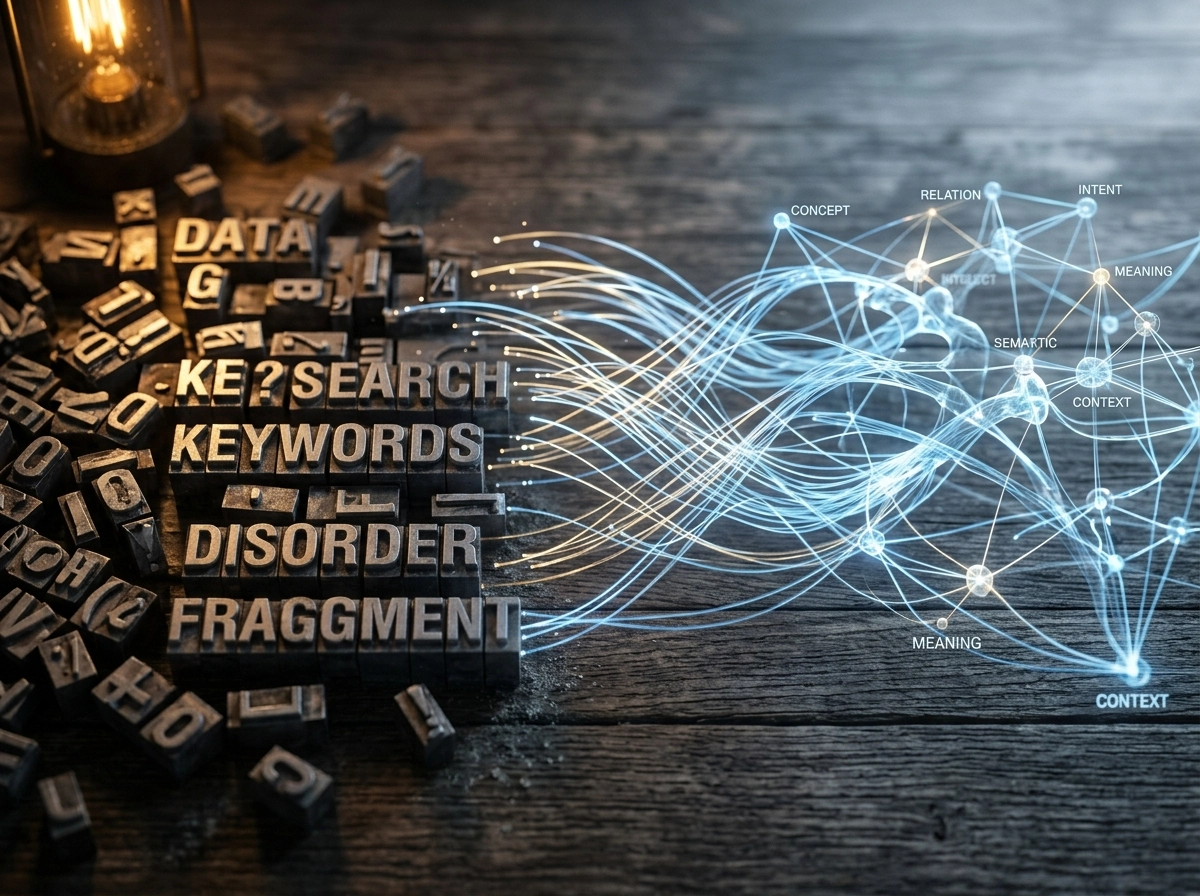 Metal letterpress blocks connecting to a digital network, illustrating semantic search seo concepts.