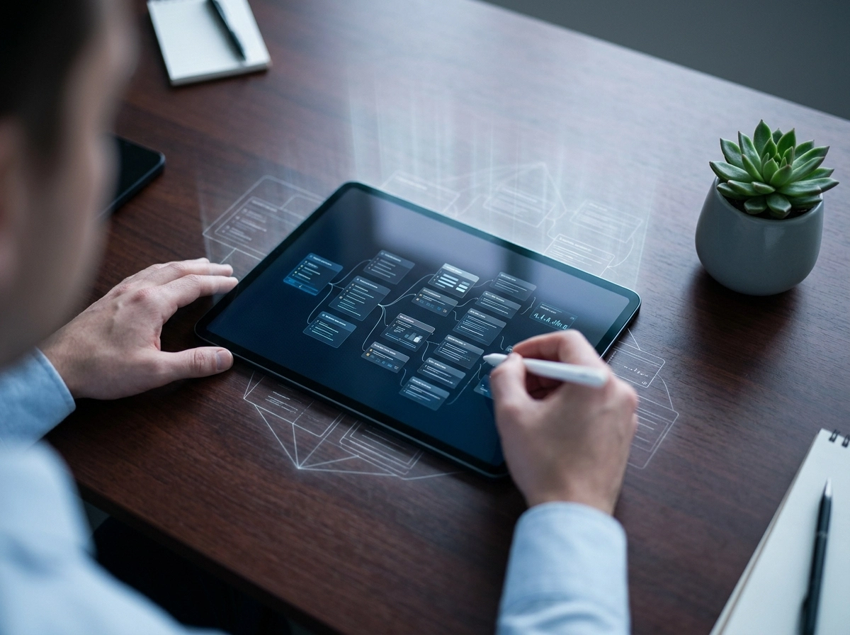 Person using an ai writing tool to map out a semantic seo strategy on a tablet.
