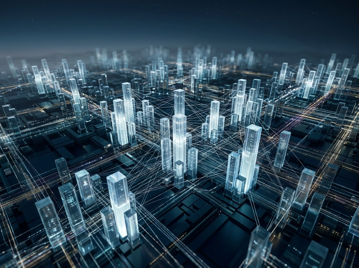 Digital city representing semantic search seo and advanced content writing ai networks.