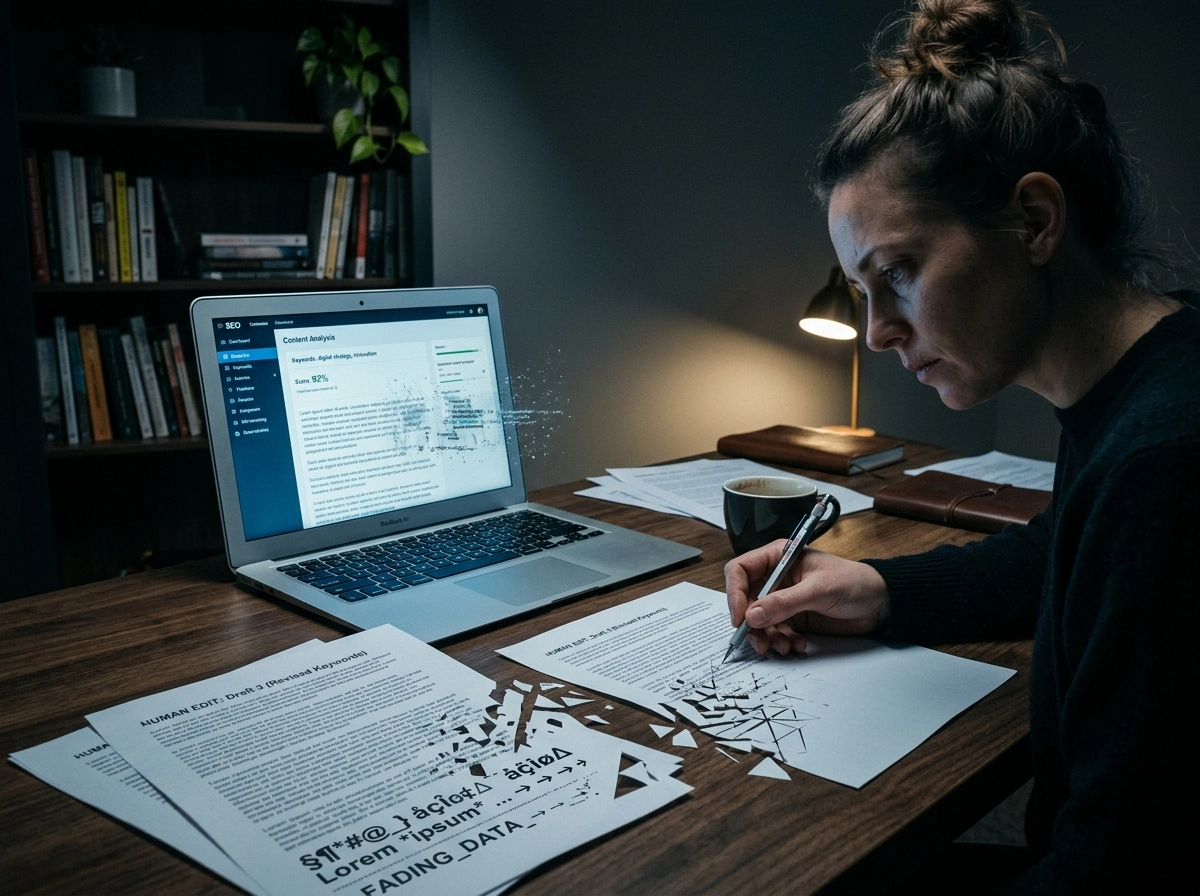 A writer using seo content writing software to refine a semantic seo strategy on a laptop.