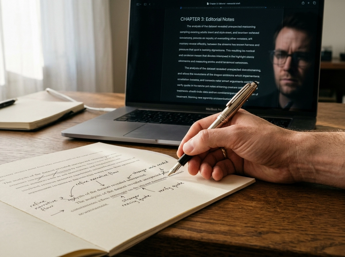 Hand editing text, highlighting the need for human oversight when using an automated blog post creator.