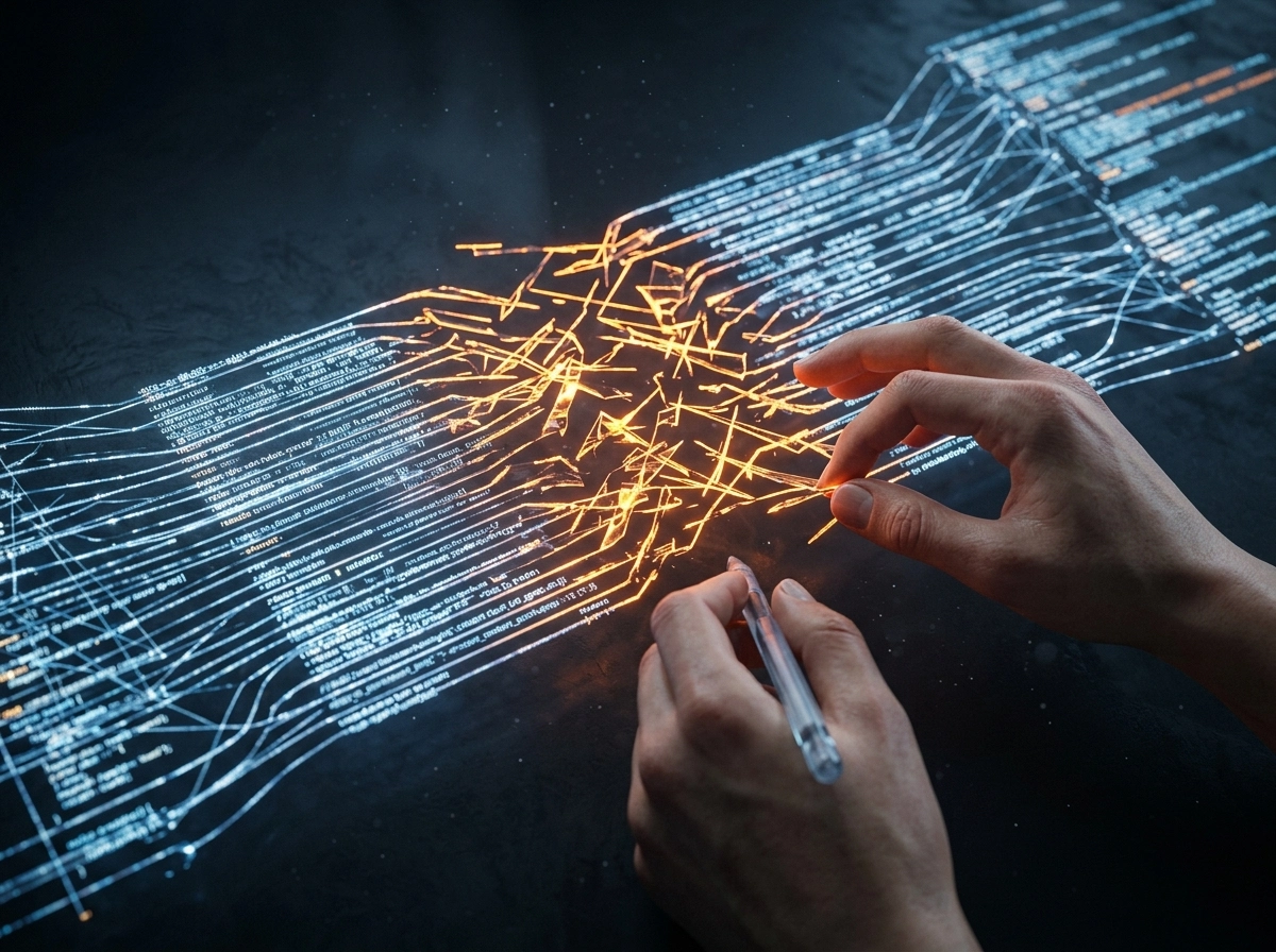 Hands interacting with a digital interface, representing an automated content creation tool and its risks.