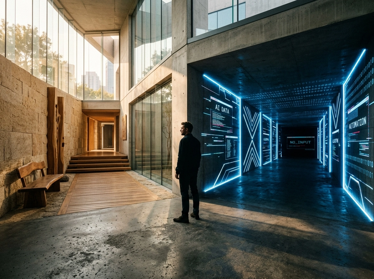 A person stands in a modern hall facing a digital tunnel, representing risks of ai content and automation.