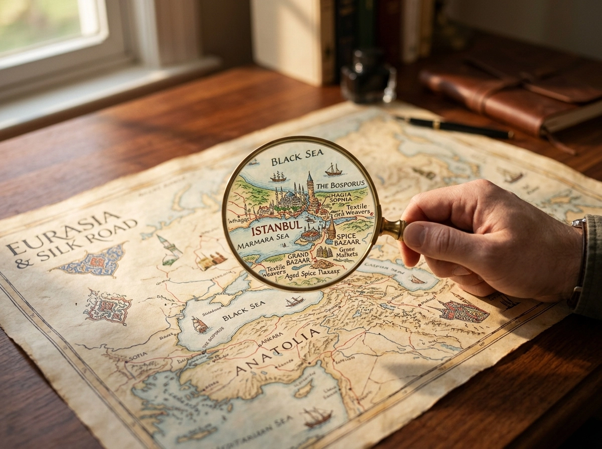 A hand uses a magnifying glass on an old map, symbolizing the need for human oversight in content creation.