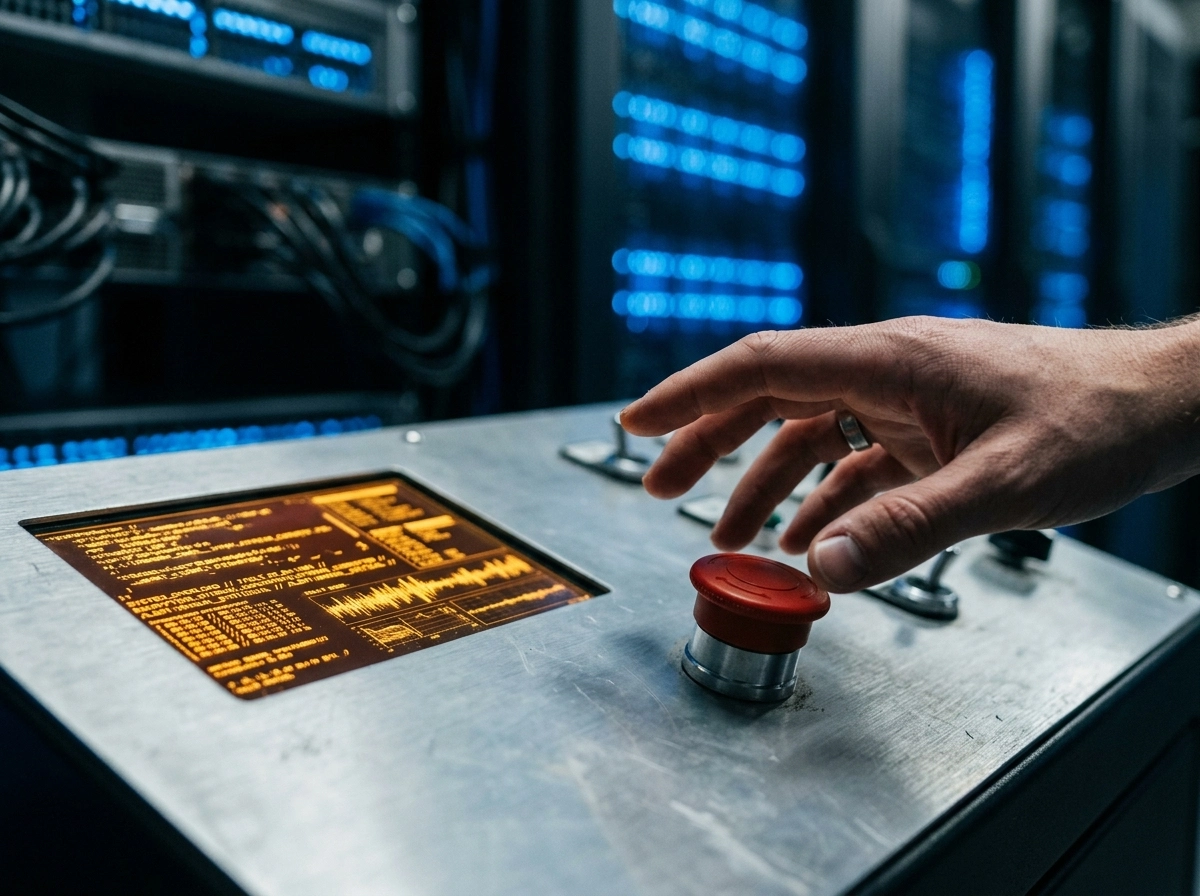 Hand pressing emergency stop button on an automated blog post creator server.