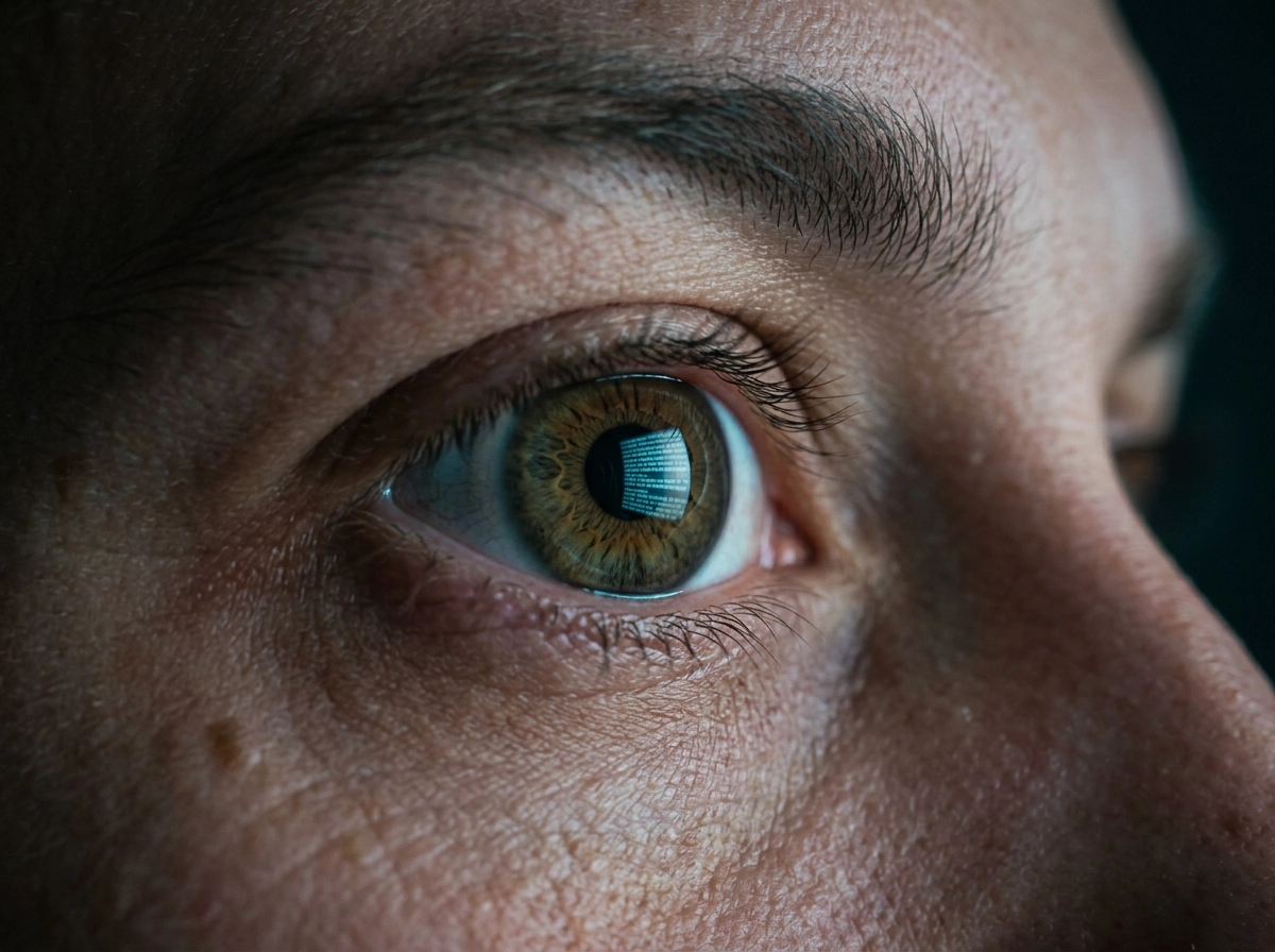 Close-up of an eye reflecting an AI content generator screen to track average time on page.