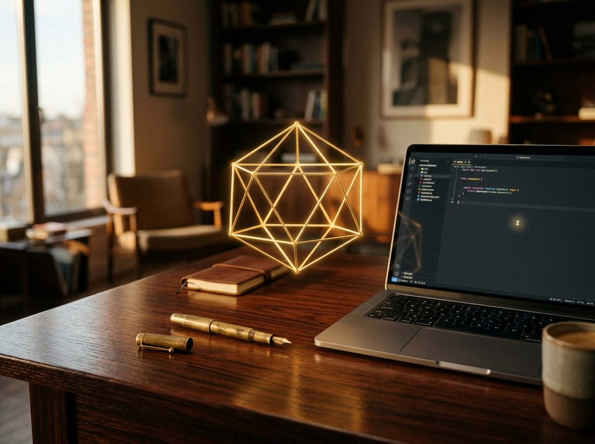A glowing geometric shape on a desk with an ai blog writer laptop, improving user engagement metrics.