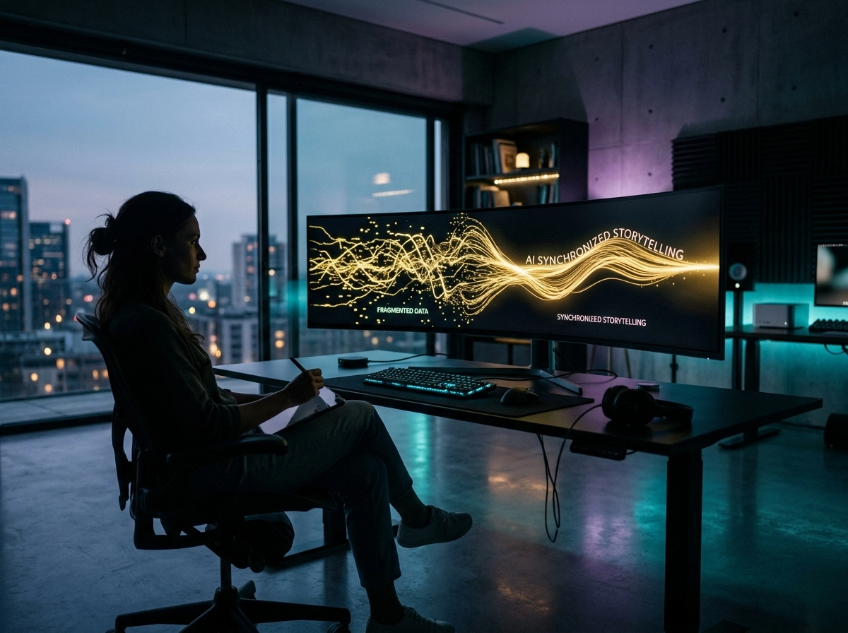 A professional using an ai content generator on a wide monitor to boost average time on page.