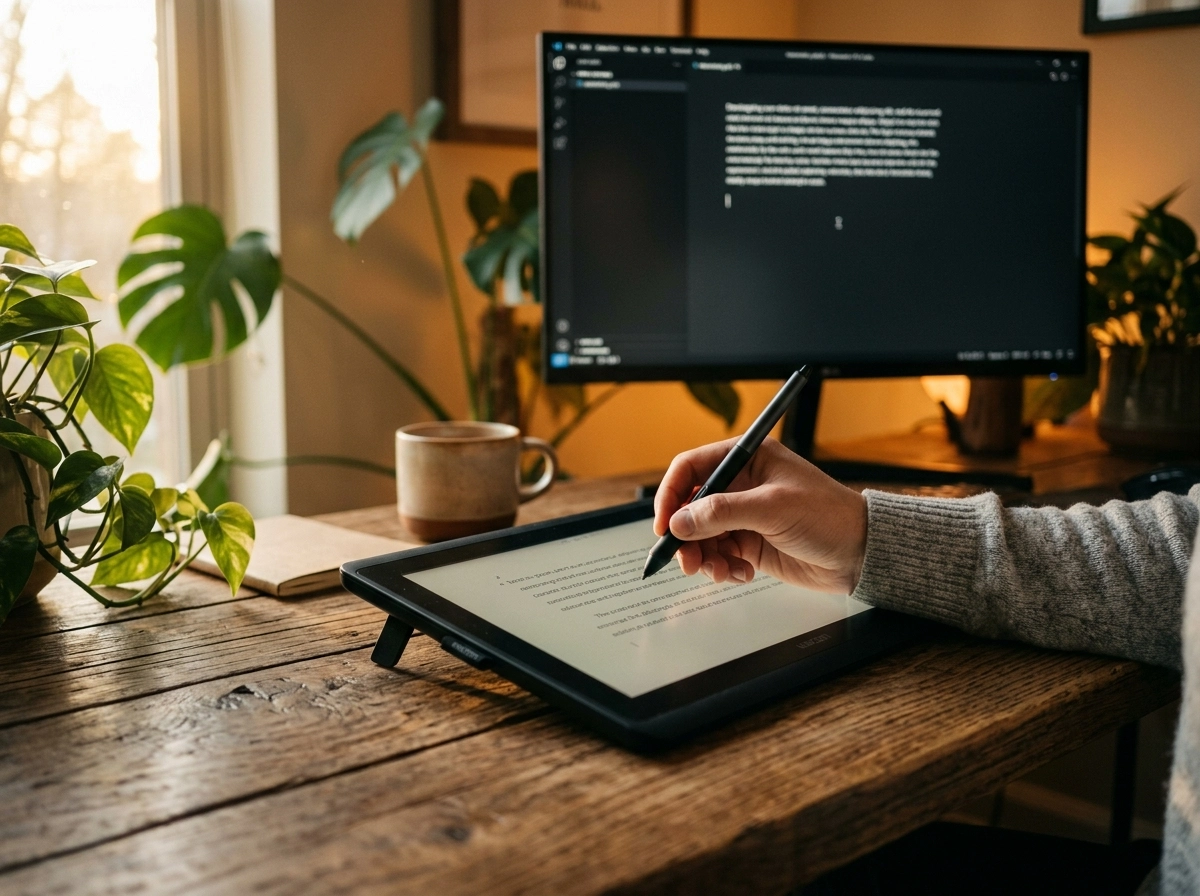 Person using an AI blog writer on a tablet to improve user engagement and average time on page.