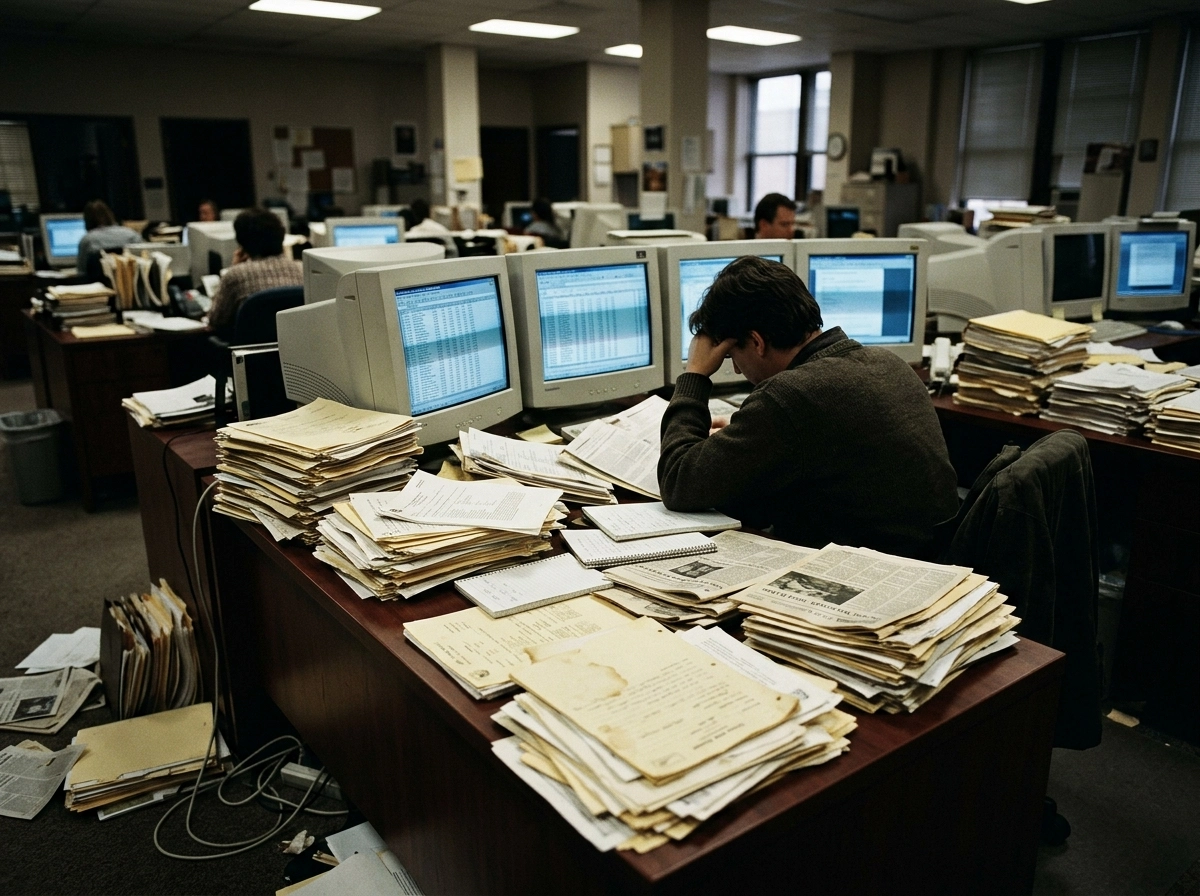 A cluttered newsroom desk showing the need for content automation and an ai writer.