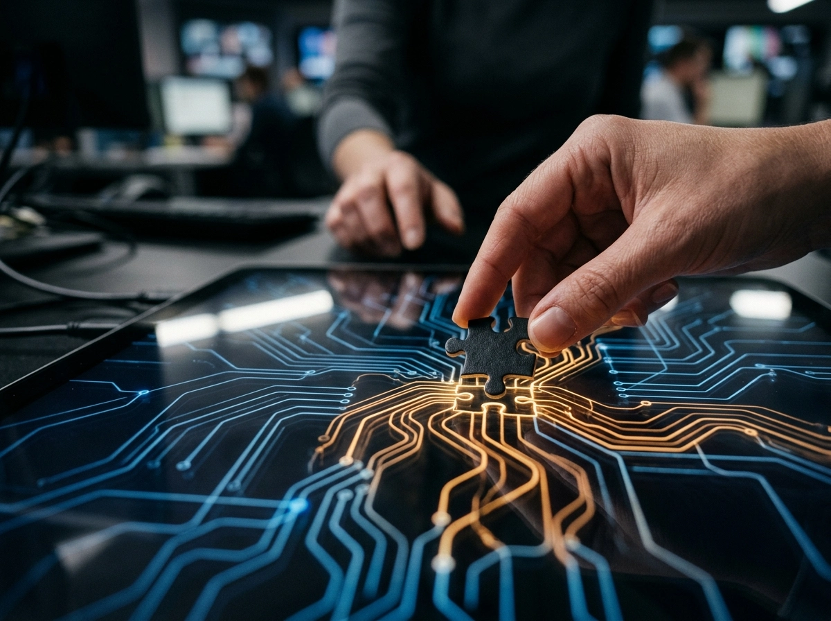 Hand placing a puzzle piece on a digital circuit board, representing automated content creation.